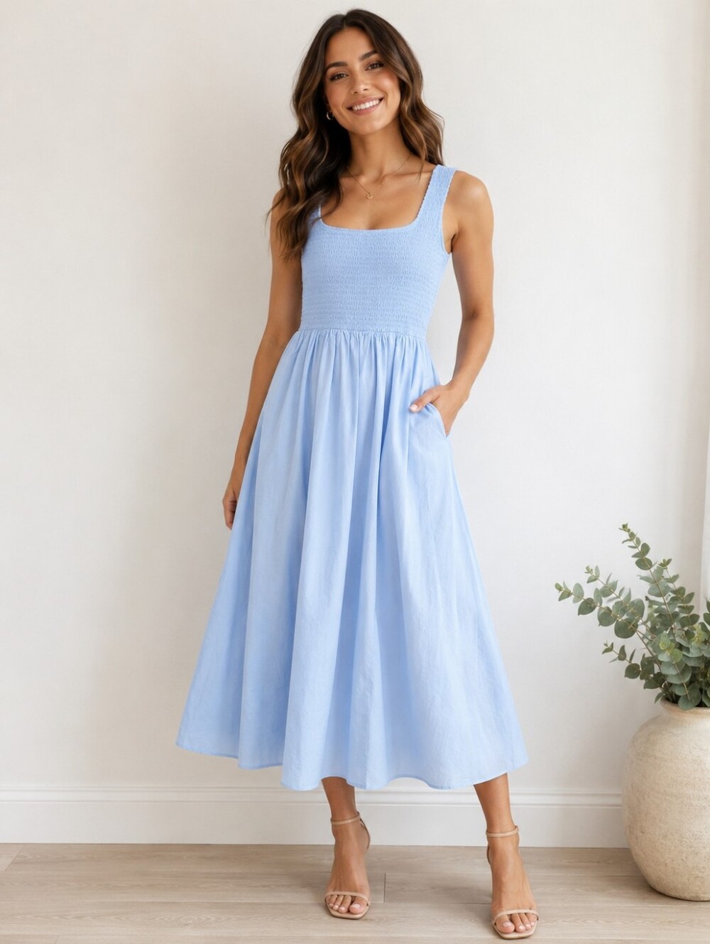WAYF Light Blue Cotton Blend Smocked Maxi Dress with Pockets Size XS